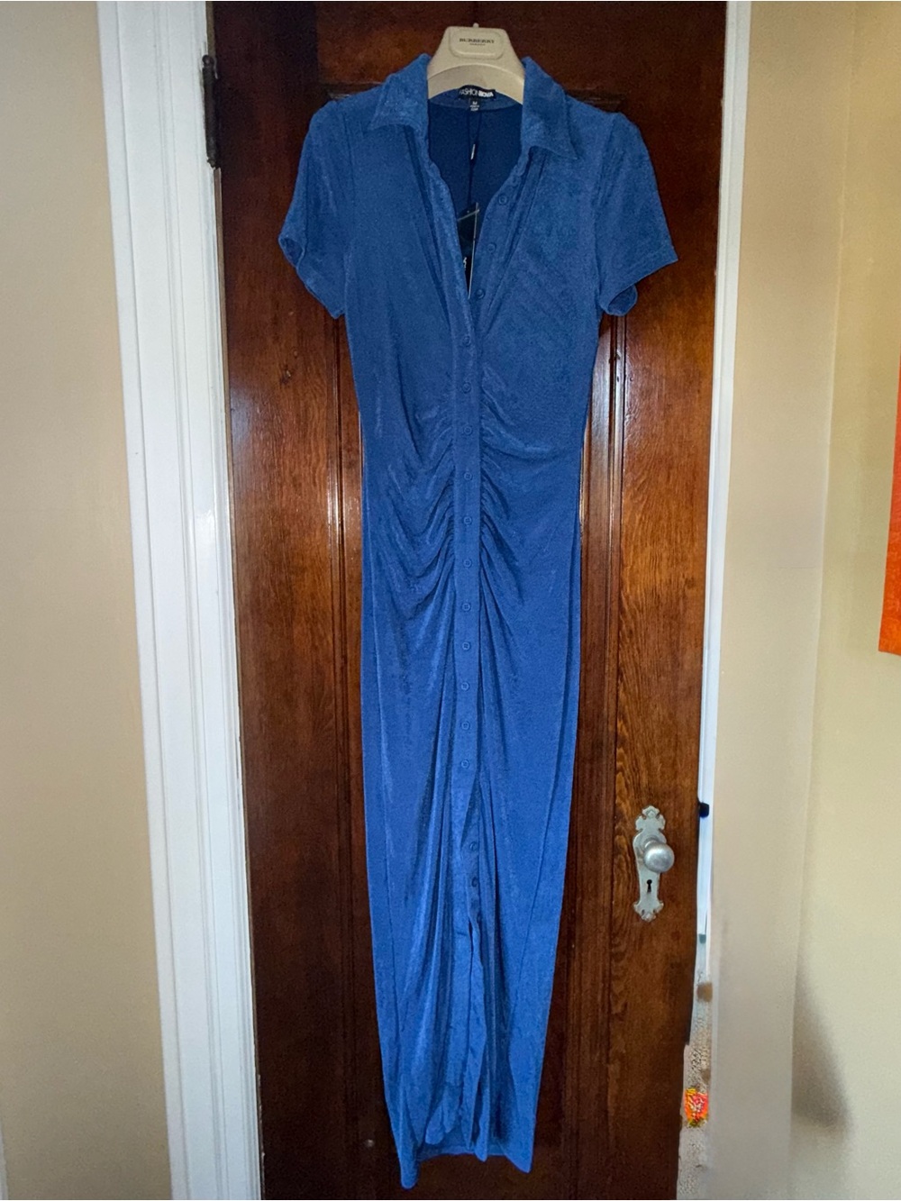 Fashion Nova Blue Button-Front Ruched Maxi Dress